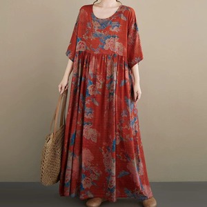 FLOWER PRINT BOAT NECK 3/4 SLEEVES A-LINE MAXI DRESS 1color M-16212