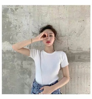 シンプルリブ半袖トップス　AJ111-803