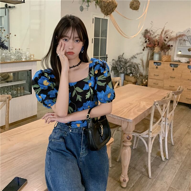 フローラルシャツ レディースショートスタイルサマーホルタートップス 夏物 花柄 スクウェア ブラックストロベリース36837162536