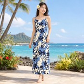 フラダンス 衣装 manuheali'i マヌヘアリィ ワンピース ドレス ブルー系 キャミソール 花 花柄 青 水色 紺 薄い ハワイアン アロハ かわいい 華やか ダンス衣装 イベント ステージ おしゃれ ネイビー系 ベージュ系