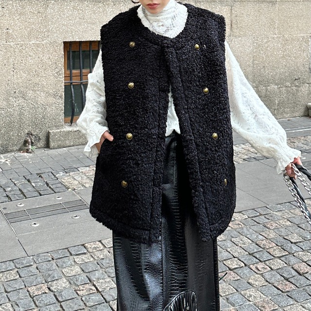 SHERPA COLLARLESS ROUND NECK DOUBLE BREAST VEST JACKET 3colors M-15117