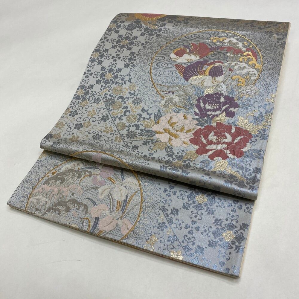 中古 礼装袋帯 正絹 草花 六通柄 シルバー Aランク 436cm 6034