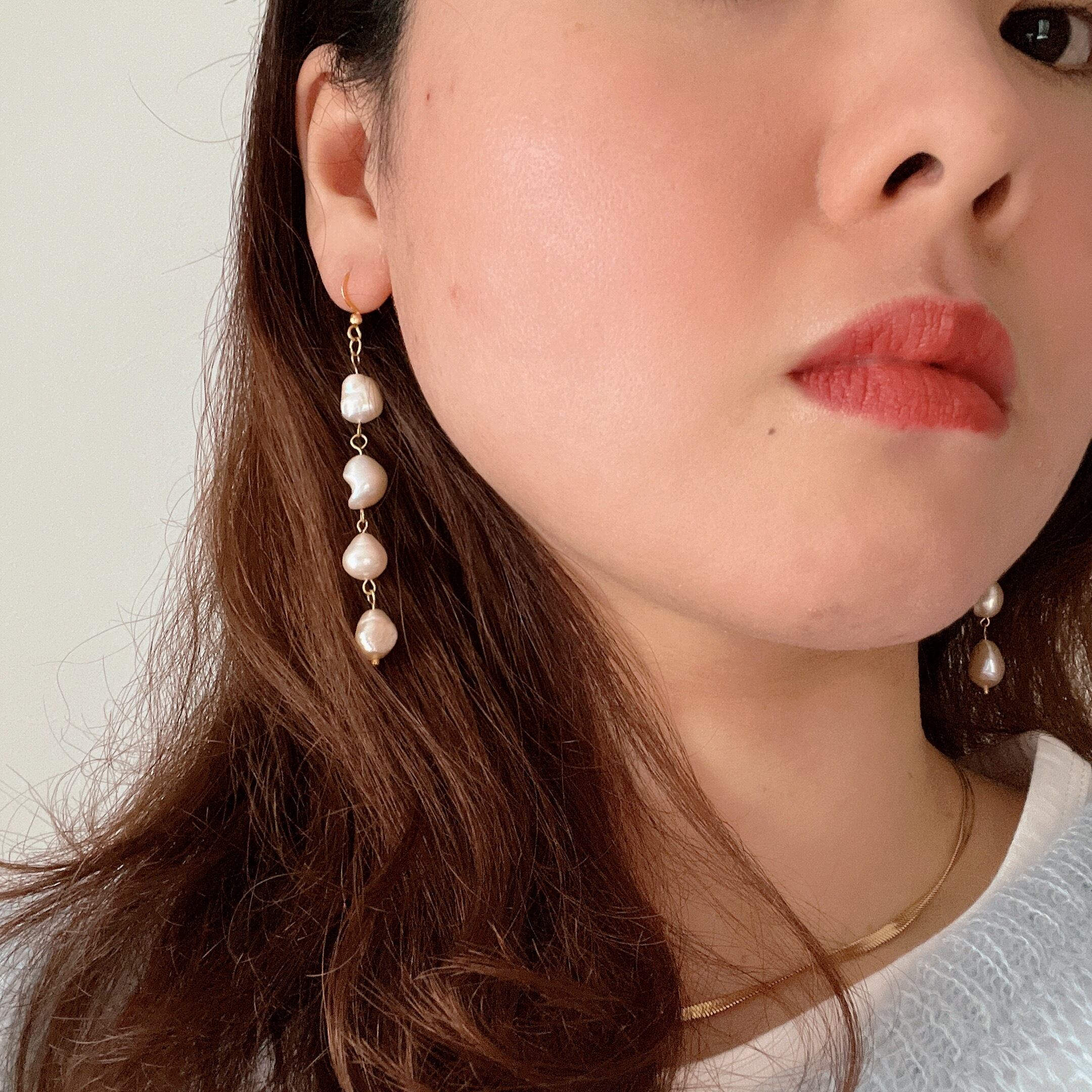 ピンクオレンジ淡水パールのロングピアス | BURE