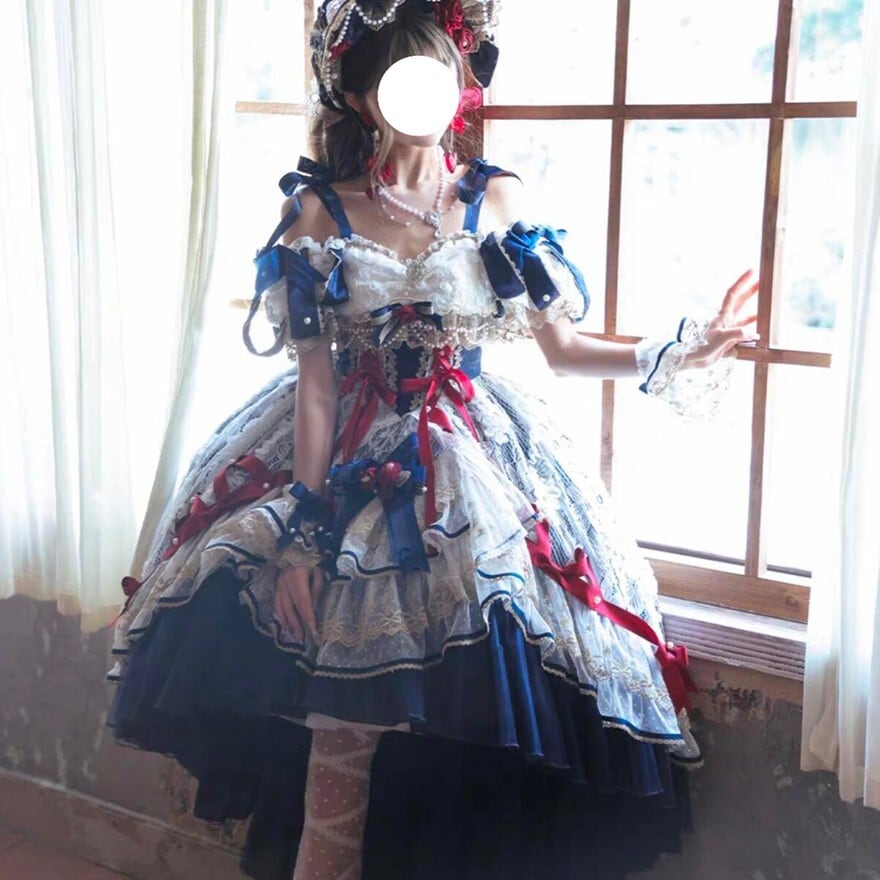 ゴシックロリィタ ドレス ネイビー×レッド リボン装飾フリル｜WithU