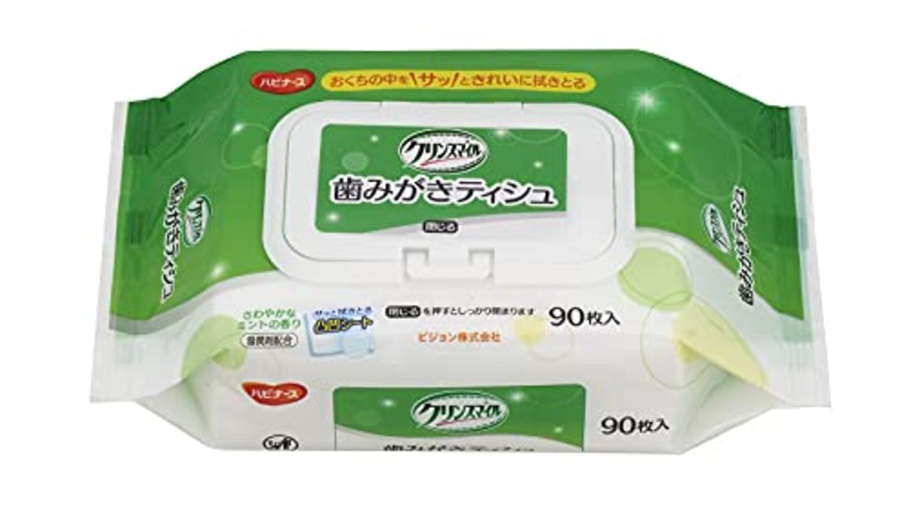 歯みがきティシュ 90枚入り ハビナース クリンスマイル さわやかなミントの香り 介護 口腔ケア 大人用 歯みがきシート 高齢者 防災用品にも 130×190㎜ 日本製 1023203