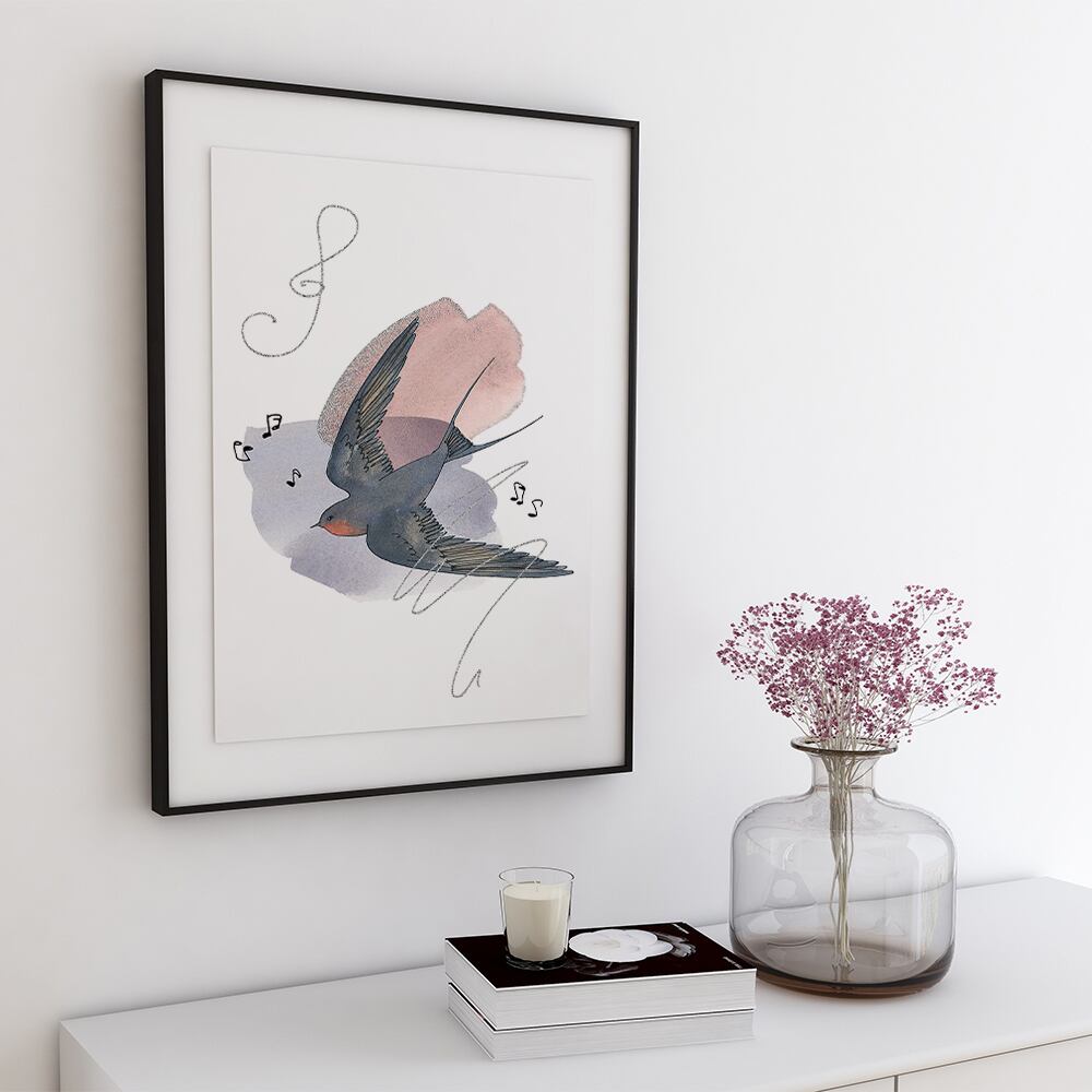 ツバメのポスター / i1342 / 花や音符の水彩画の背景につばめが飛ぶ