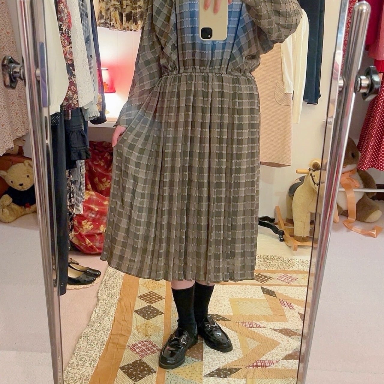 green frill check round collar one-piece