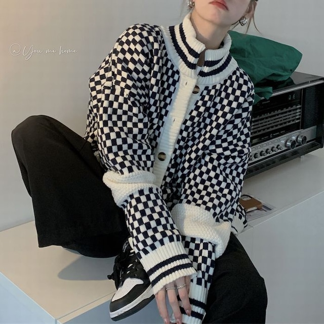 ニットカーディガン ブロックチェック柄 ハイネック 厚手 ニット カーディガン チェック柄 長袖 ゆったり 韓国ファッション レディース 大人可愛い ガーリー / Warm stand collar box check Thick knit sweater top (DTC-656041386819)