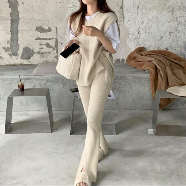 2点セット レディース ニットベスト&リブパンツSET スリット ゆるニット アイボリー おしゃれ S/M/L/XL