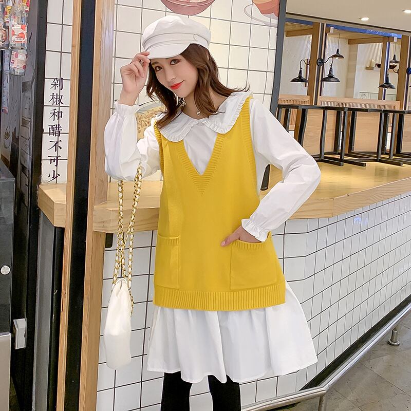 【新作】【送料無料】 マタニティウェア2019秋冬新作ドールカラードレス+ニットベスト、ツーピースセット妊婦-アリババ オータム 秋物 ウィンター 冬物 expec270707480034