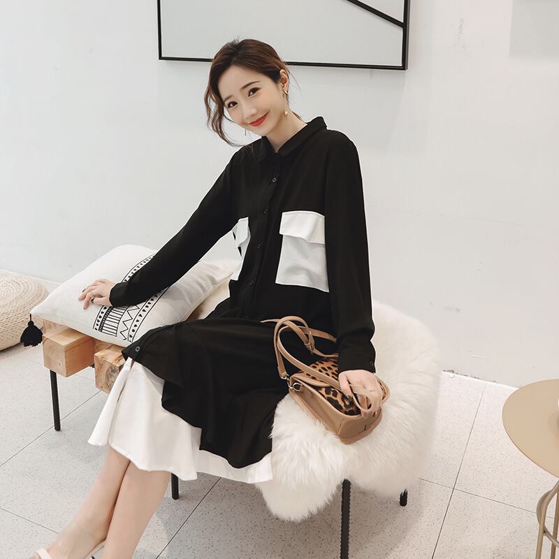 【新作】【送料無料】 マタニティウェア2020春と秋の新しいファッションシフォンステッチドレススタイルラペルミドル丈プラスサイズのマタニティドレス-アリババ 大きめサイズ スプリング 春物 オータム 秋物 expec225510311279