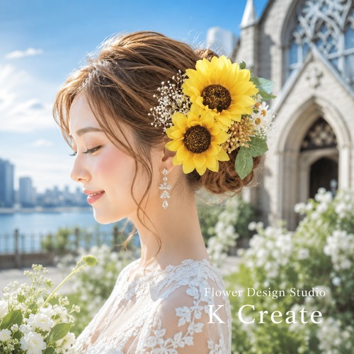 向日葵と白いデルフィニュウムのヘッドドレス ひまわり 髪飾り 夏婚 リゾ婚 ウェディング 前撮り | Sunflower Bridal Hair Pins | Yellow White
