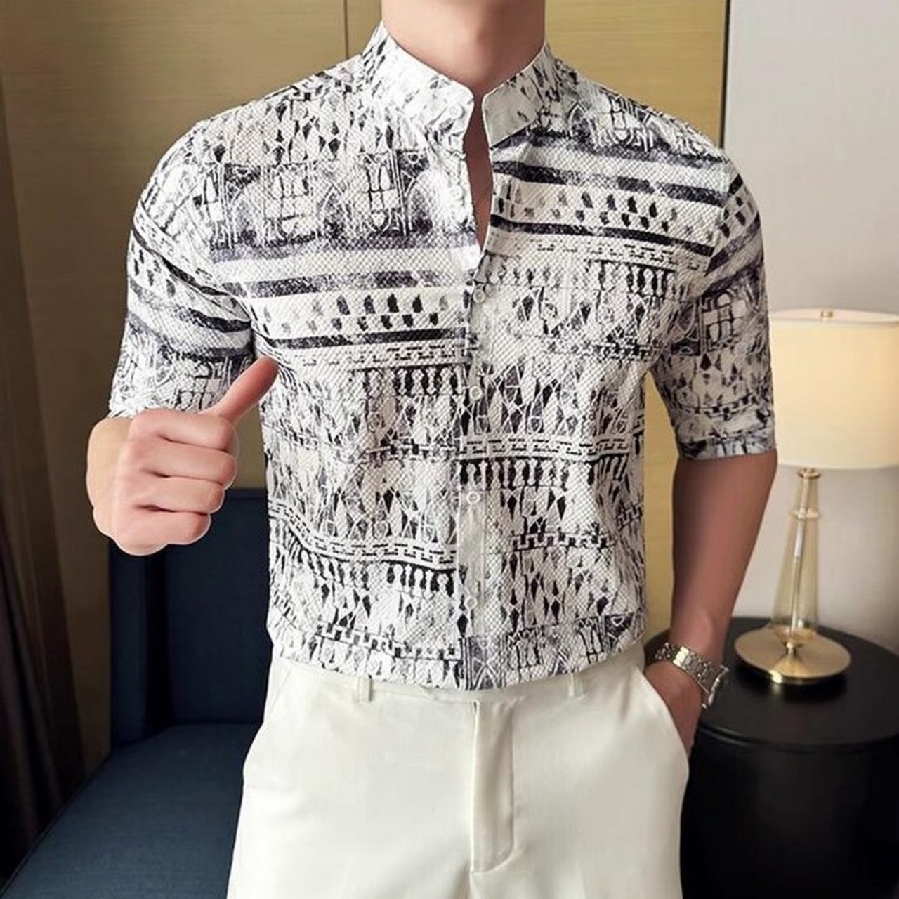 3/4 sleeve stand collar print shirt 00309