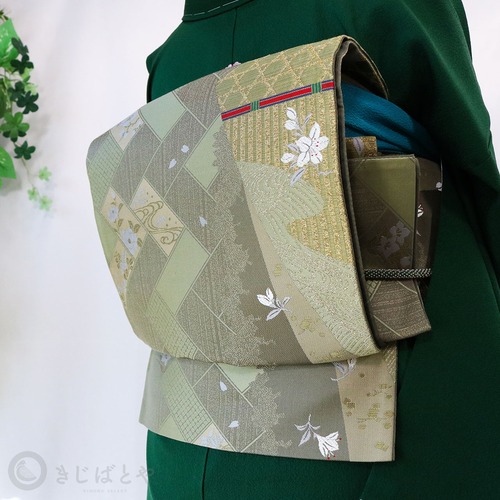 正絹　利休色に檜垣の袋帯