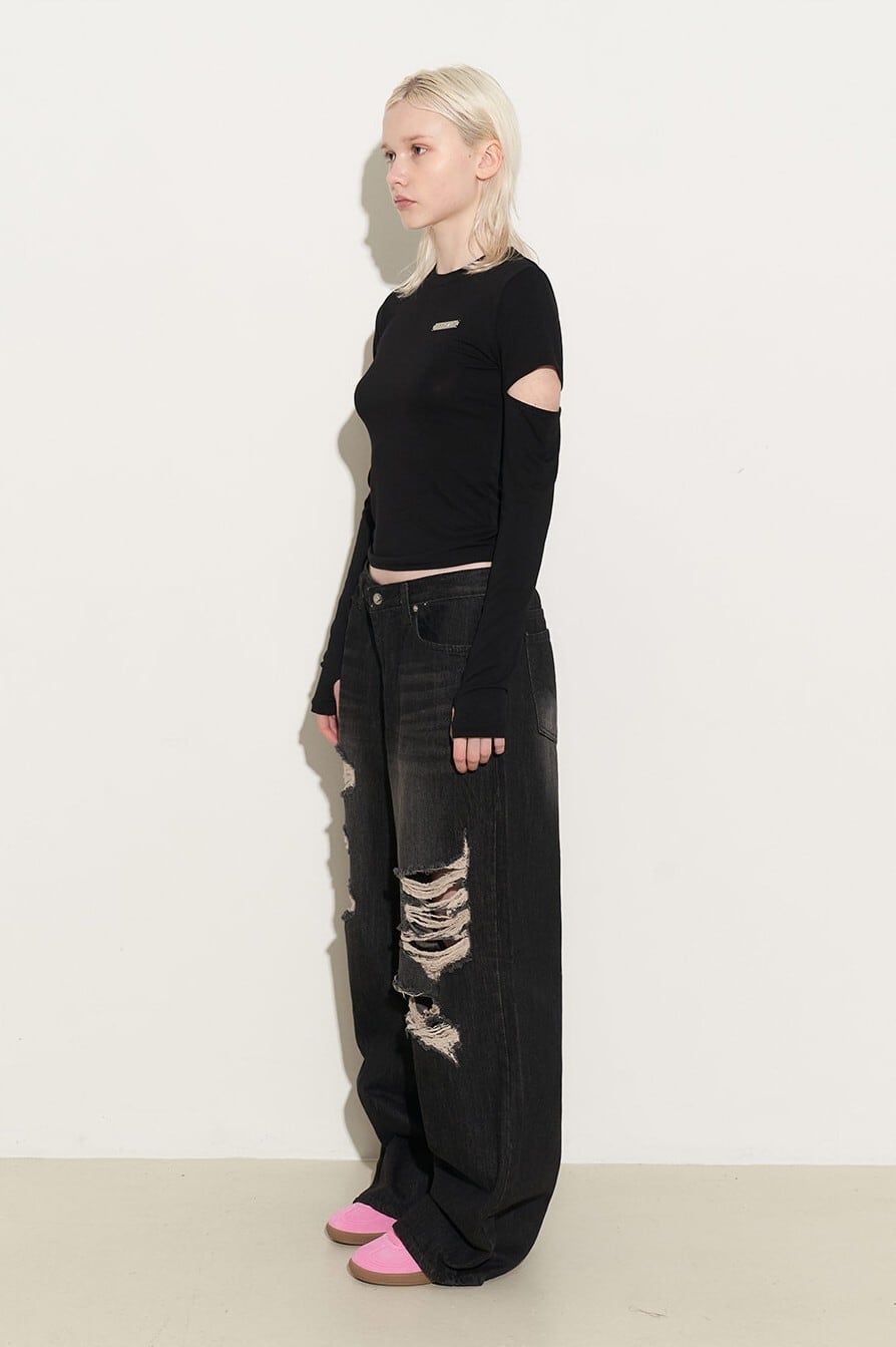 ROCKCAKE/aespa カリナ 着用/Faye Damage Jeans/ユニセックス ☆aespa カリナ 着用!!【ROCKCAKE】Faye Damage Jeans - Black