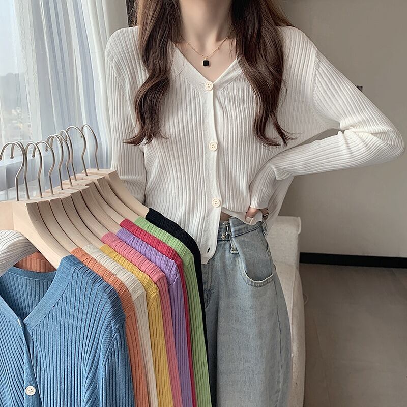 Vネックソリッド カラーニットカーディガンオータム薄手スリムブラウス 秋物 ソリッドカラー ハンチェンe89489160318