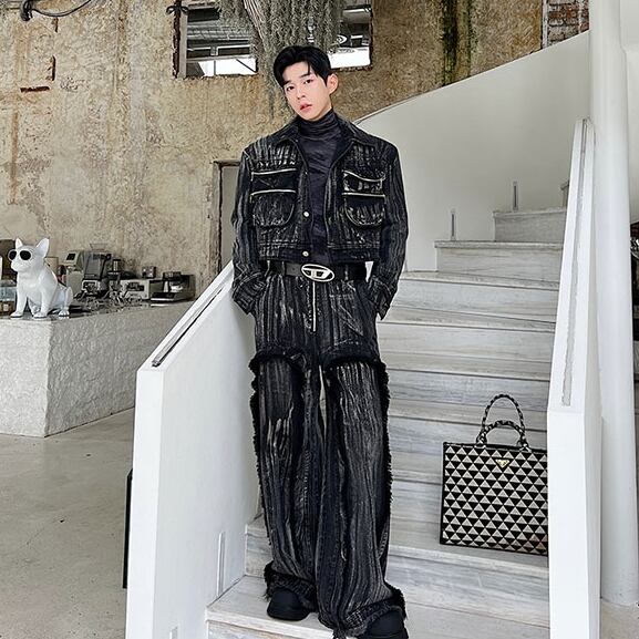 予約販売】メンズ セットアップ 上下 長袖 ストライプ柄 ダークグレー