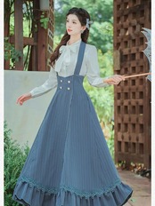 【0206】Striped Bowtie Ribbon Shirt Skirt Long Sleeve 2 Piece Set