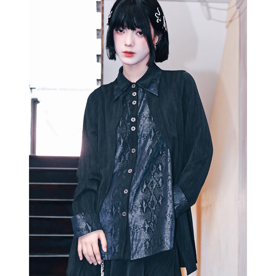 チャイニーズゴシック 古怪舎 長袖シャツ 蛇柄 フェイクツーピース