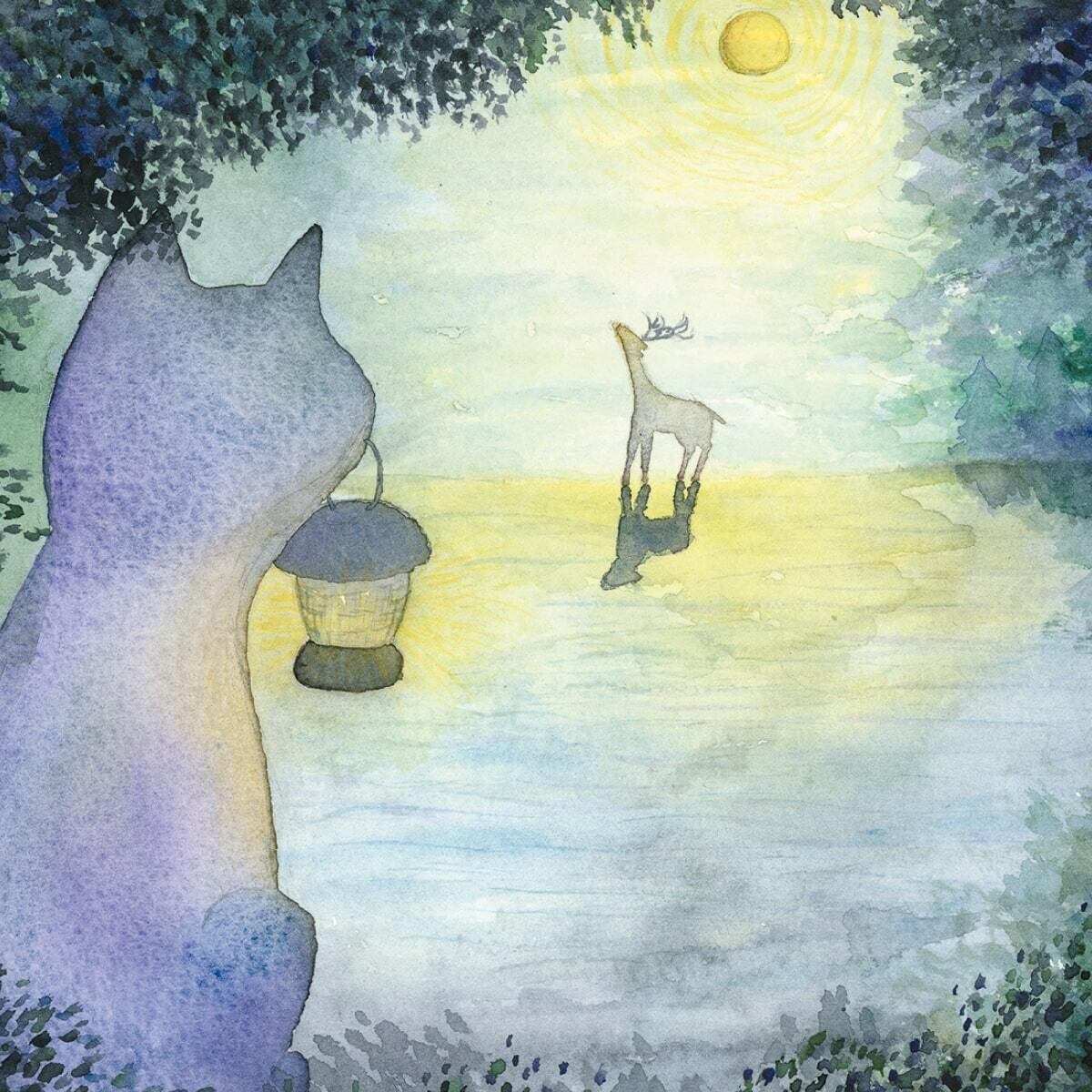 ポストカード 夜の森の風景 / グッズ 水彩 イラスト 猫 幻想 絵本風