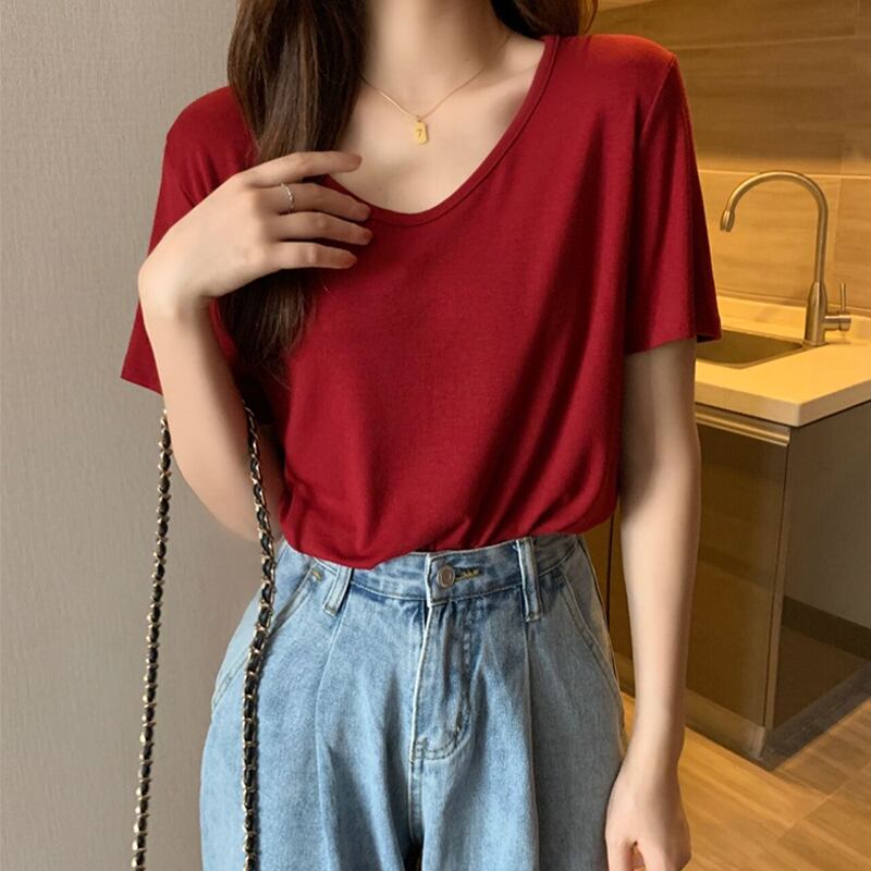 カラーTシャツ サマーレッドルーズVネックトップス 夏物 試着室13824341542