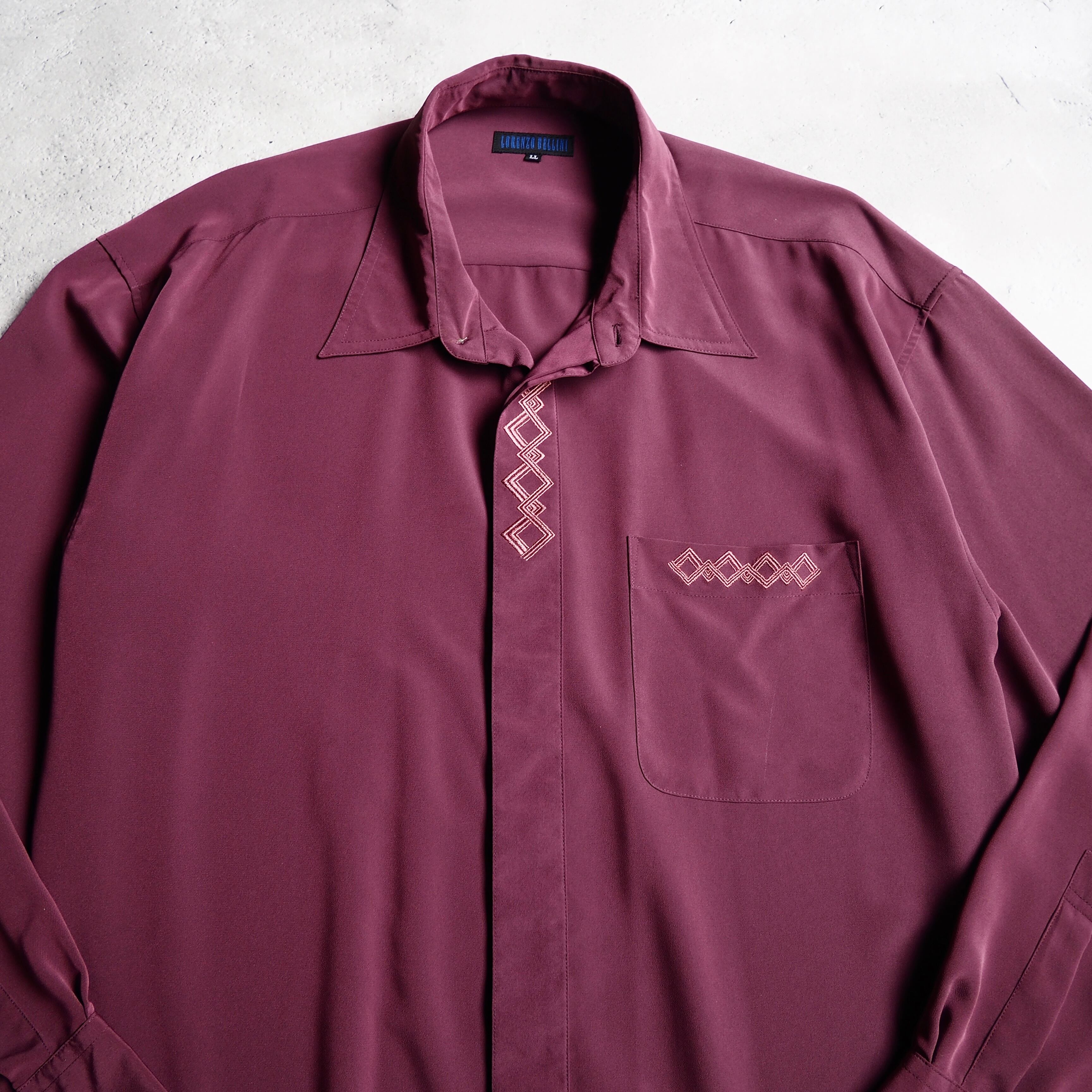 1990s Dark Bordeaux × Tribal embroidery Over silhouette vintage shirt