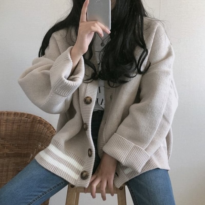 ORO カーディガン ニット ベージュ かわいい おしゃれ 韓国 SEU カーディガン クルーネックボタン カーディガン ニット