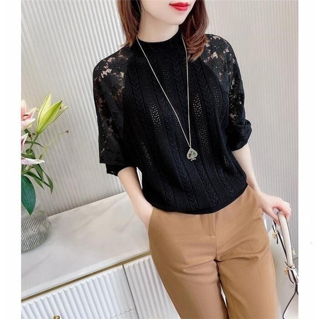 全2色 大きいサイズトップス ニット セーター レース ハイネック 花柄 レディース カジュアル おしゃれ 長袖 きれいめ フェミニン お出かけ オフィス 透け感 モックネック 大人可愛い ホワイト 白 ブラック 黒 春 秋 冬 代 30代 40代 50代 Like Fashion