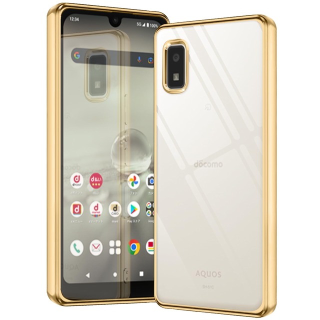 AQUOS wish2 wish ケース クリア アクオス ウィッシュ wish 2 スマホケース SH-51C SHG06 A104SH SH-M20 カバー 透明 保護カバー 耐衝撃 軽量 ソフト TPU 薄型 スマホ ストラップホール付き(ゴールド)