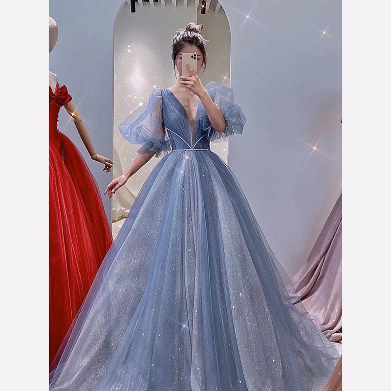 高品質！パーティードレス エレガント 水色 パフスリーブ プリンセス  