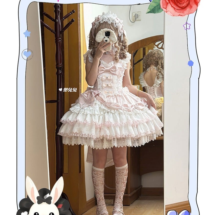 ゴスロリ・ロリータドレス 甘ロリ クラシカル JSKチェック 多段フリル リボン ロリータファッション 甘ロリ 青・赤・桃 リボン多段フリルJSK3点