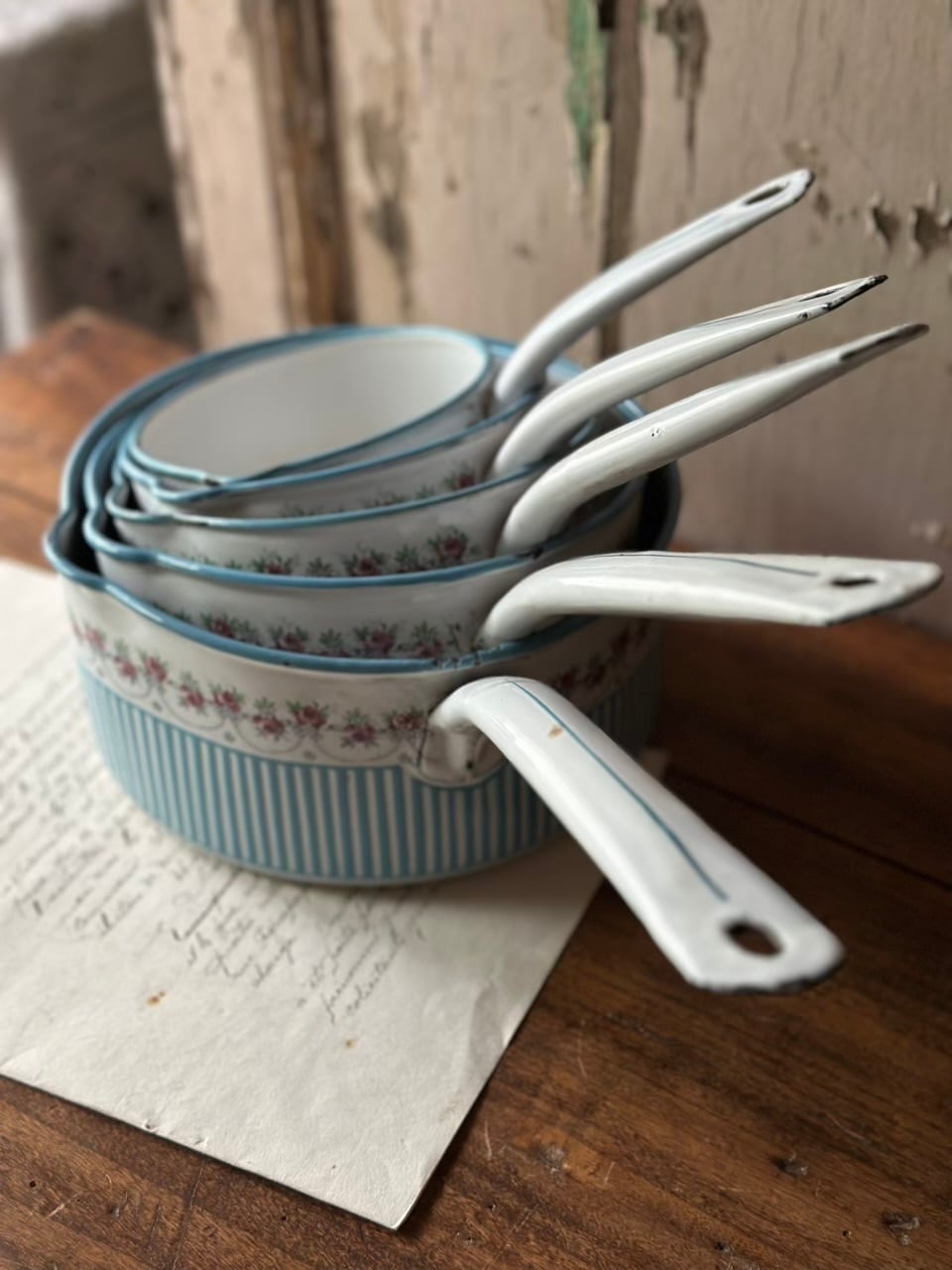 BB社製 薔薇と水色ストライプ ホーロー片手鍋 5個セット | Brocante de