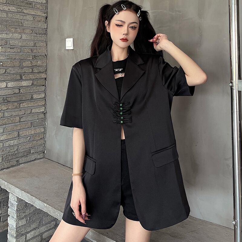 Styleシリーズ チャイナ風アウター ブレザー ストリートファッション 原宿風 半袖 ゆったり ブラック 黒い Elegant Styleシリーズ チャイナ風アウター ブレザー ストリートファッション 原宿風 半袖 ゆったり ブラック 黒い Elegant