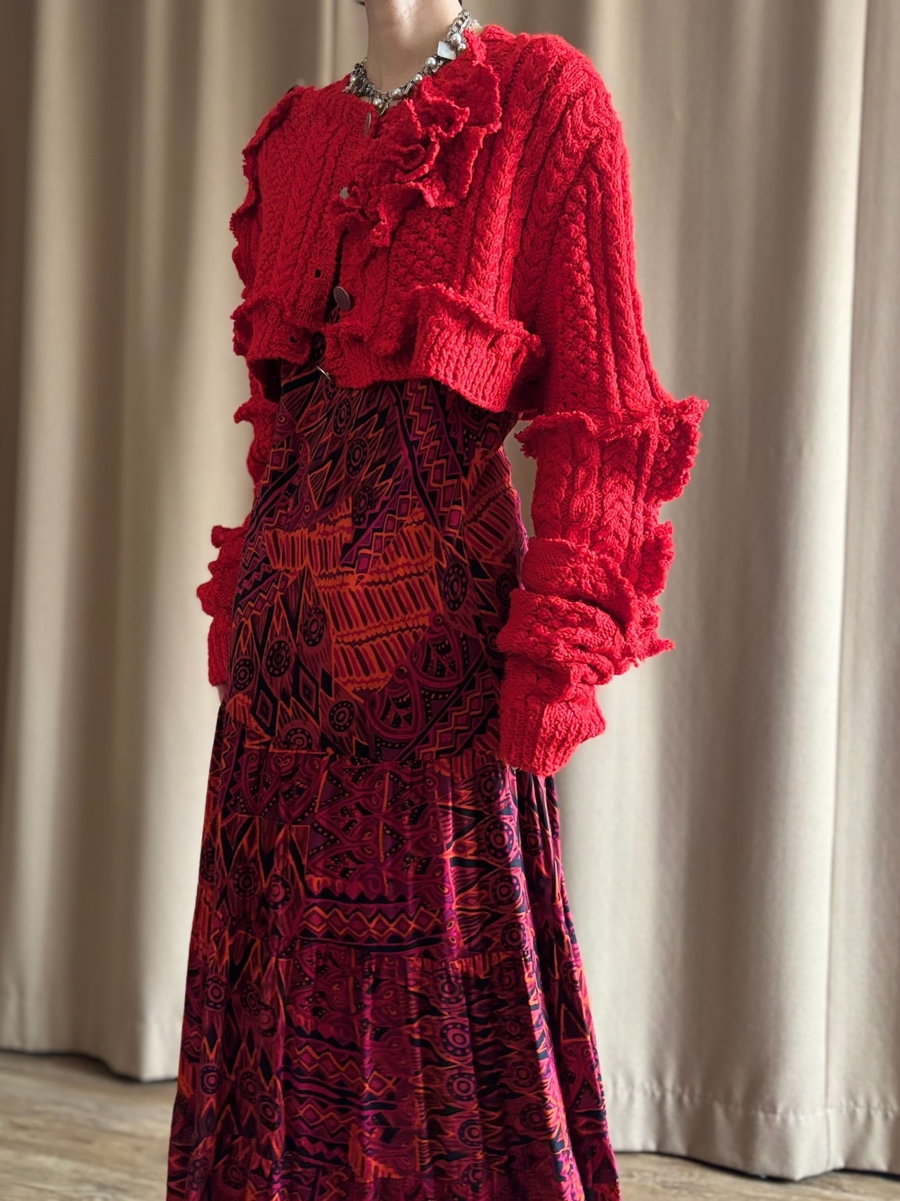 red color frill remake knit cardigan-5151-2