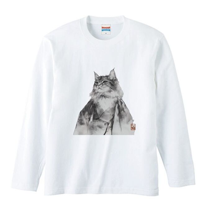 水墨画風 猫のアートロンT  リブ付（背景無）/ Ink-style cat art long-sleeved T-shirt