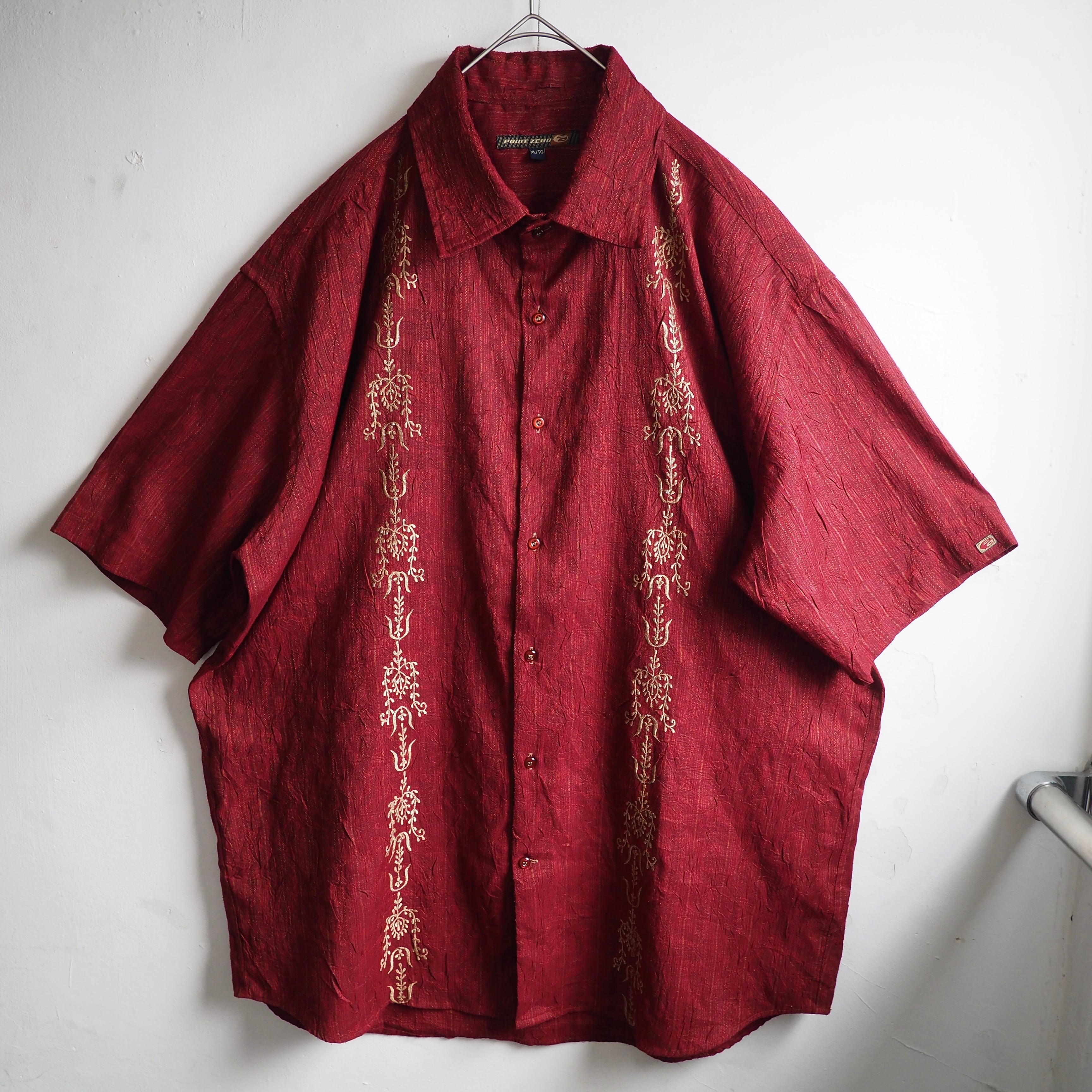 Beautiful Dark red × Tribal art embroidery vintage loose S/S shirt