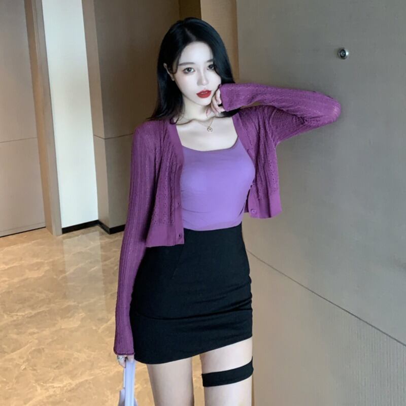 レディースサマーニットカーディガントップス スカート 夏物 ハンチェンe51616214155