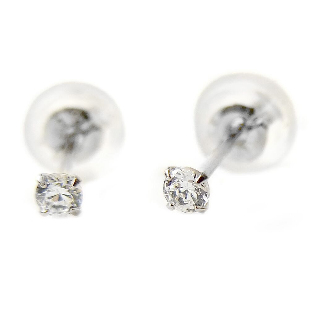 ピアス キュービックジルコニア プラチナ Pt900 ロングポスト 片側0.05ctサイズ シリコン製ダブルロックキャッチ スタッド 一粒留め 左右セット シンプル