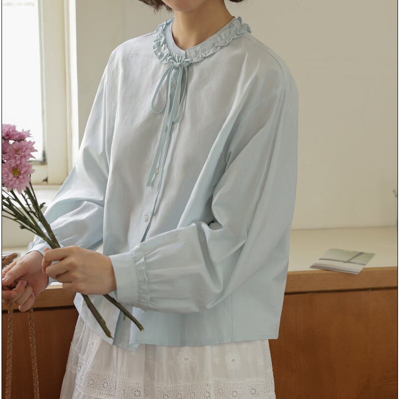 フリルネックリボンタイブラウス M2195