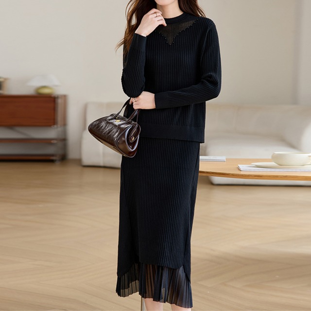 リブニットトップス&スカート2点セット Me0635