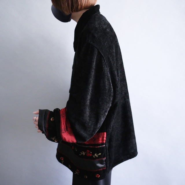 "刺繍×花" pile fabric base satin switching design over box silhouette jacket