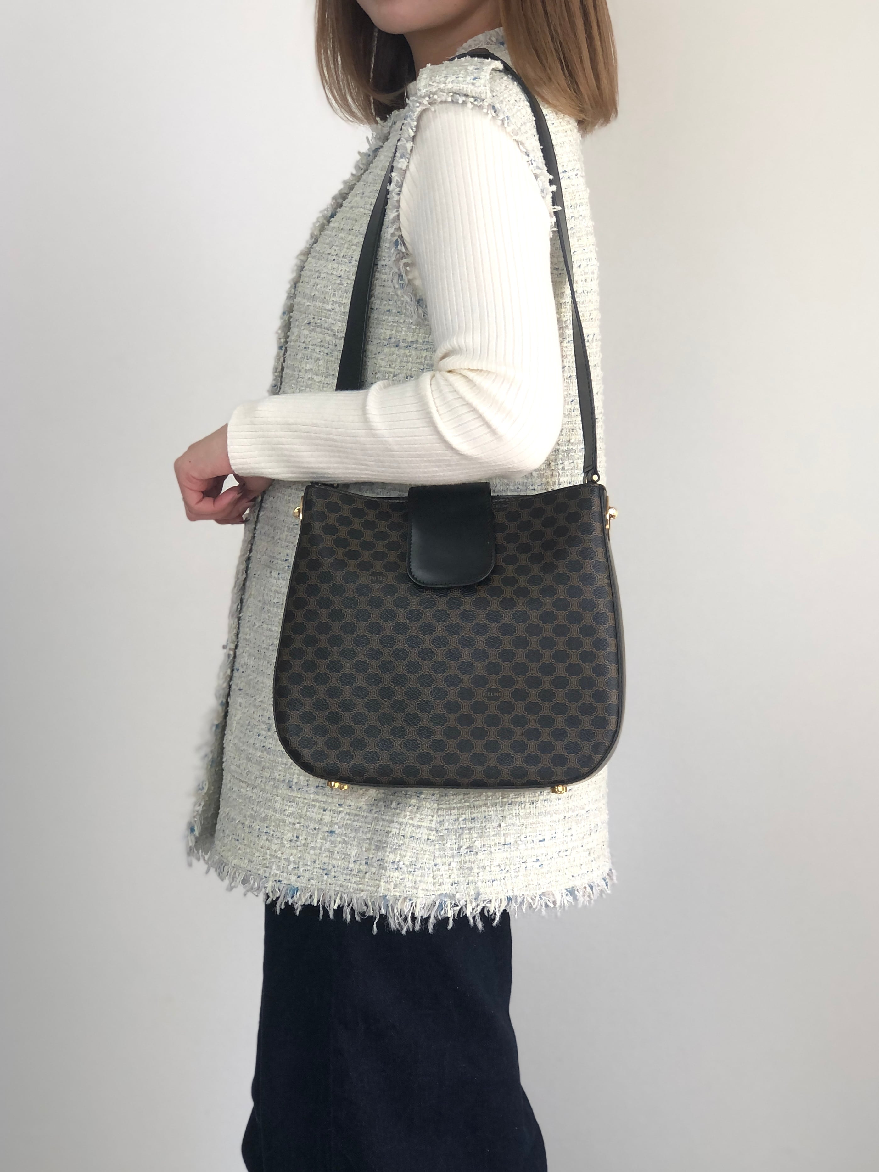 CELINE セリーヌ マカダム ショルダーバッグ ブラック サイドマンテル PVC ワンショルダー vintage ヴィンテージ オールド fphffk