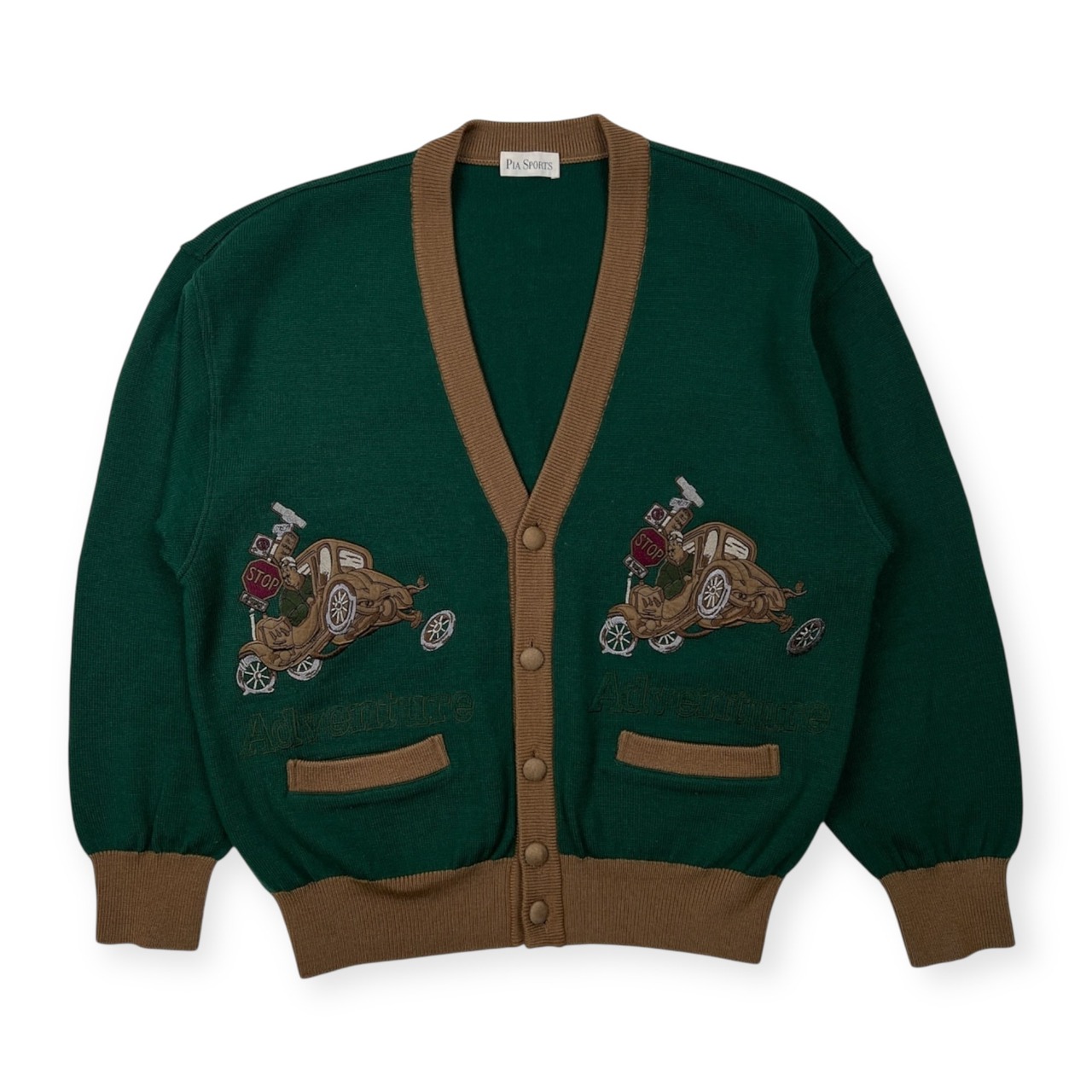 PIASPORTS ピアスポーツ Adventure刺繍 ウールニット カーディガン サイズ 3 /ライカ/日本製/グリーン×ブラウン/メンズ