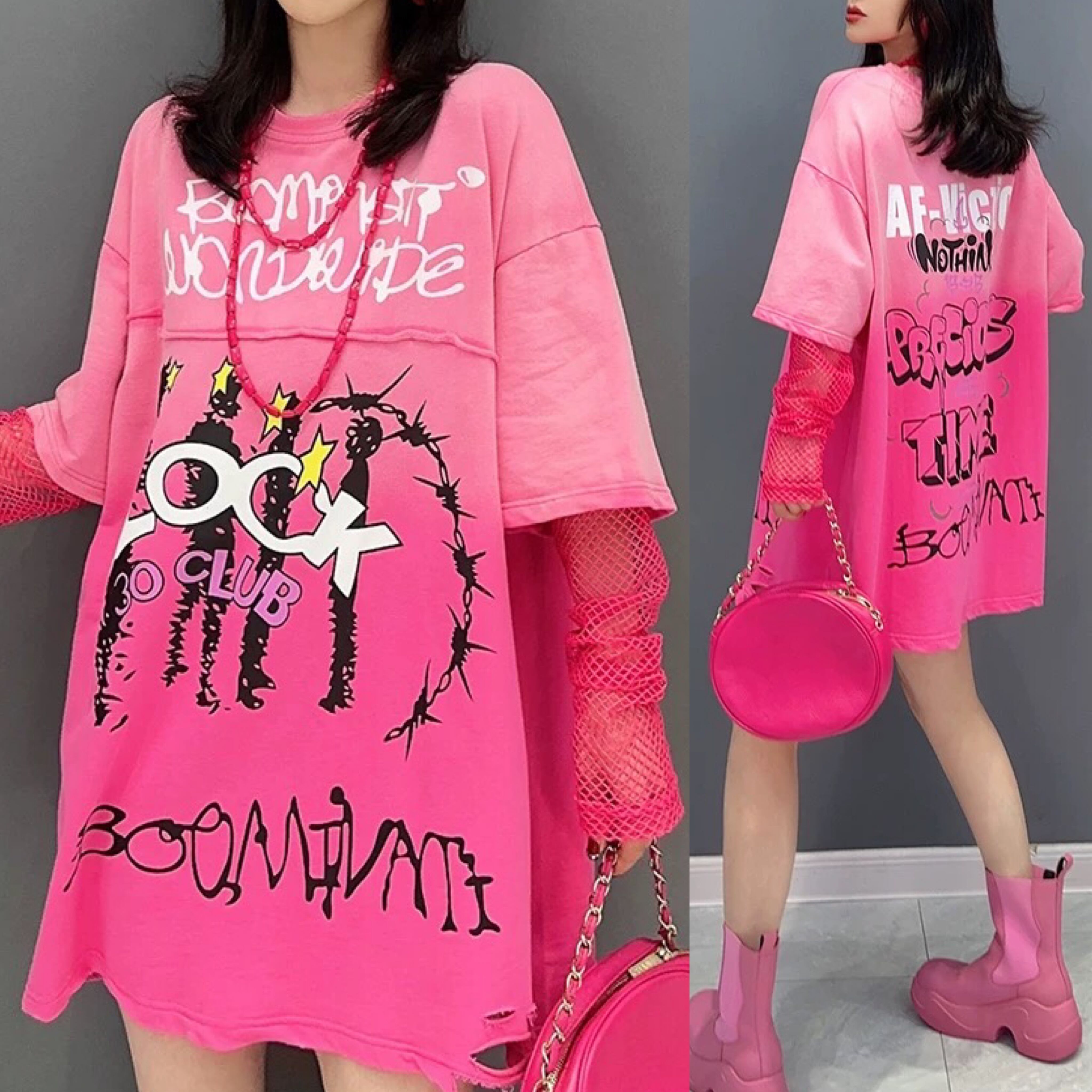 Tシャツ ピンク ロック ダメージ パンク ストリート ワンピース