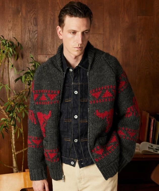 Red DaySCHOTT ショット　ロングホーンジップ　カウチンセーター ジップ セーター ジャケット｜カウチンセーター｜ジップカーディガン