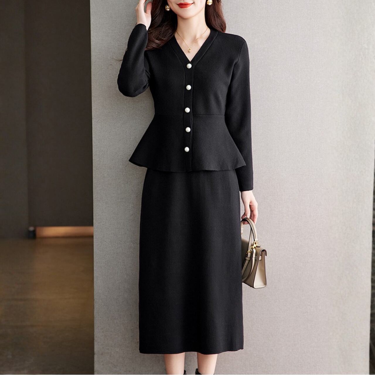 長袖カーディガン+ ミモレ丈 ニットスカート セットアップ K1115