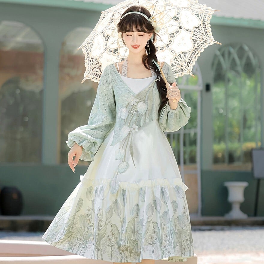 ロリータファッション ミントボレロ付き花柄ロングワンピース