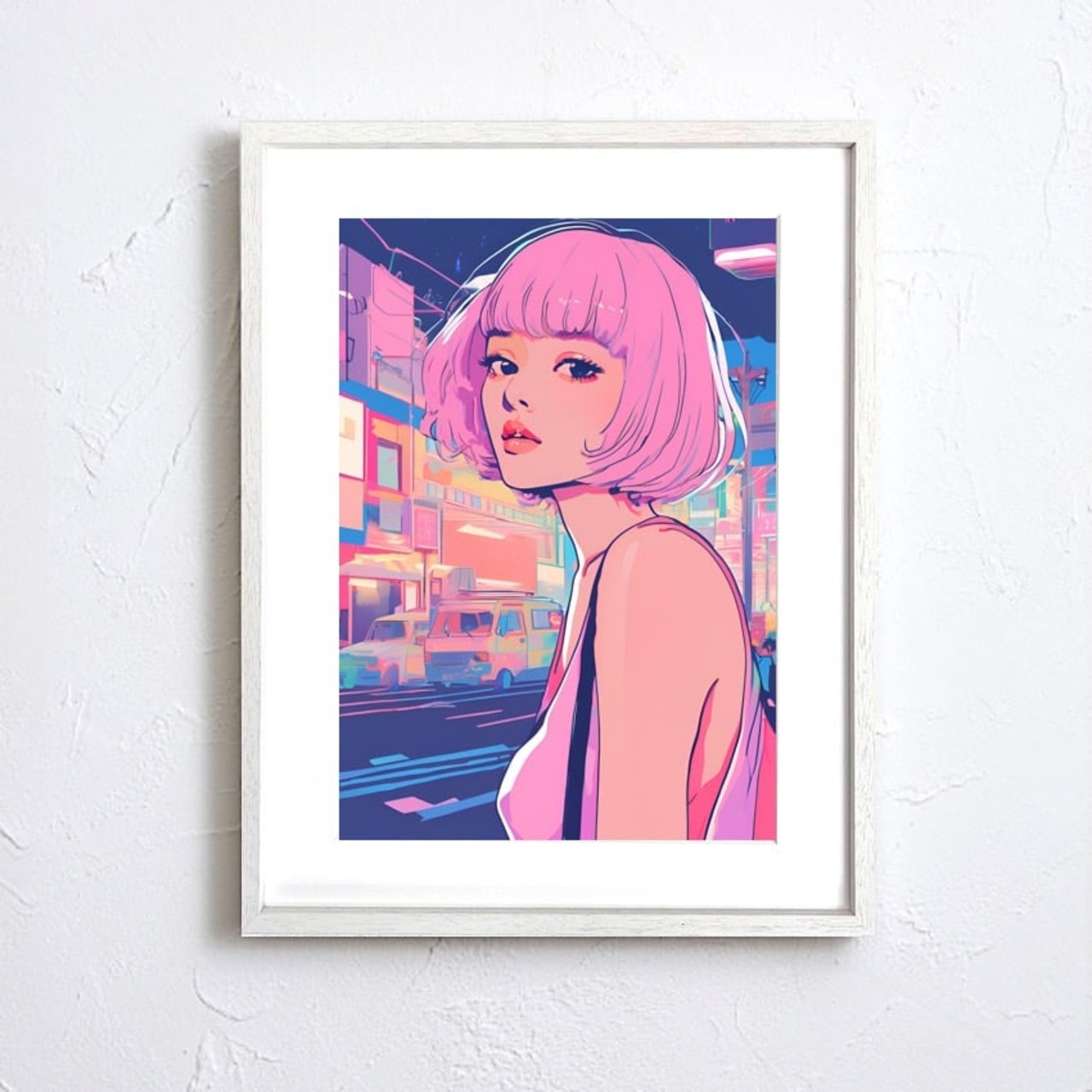 Bob Girl Ⅴ｜ピンクヘアが印象的なレトロポップアートポスター｜淡いパステルが描くシティポップでおしゃれな空間演出A4ポスター