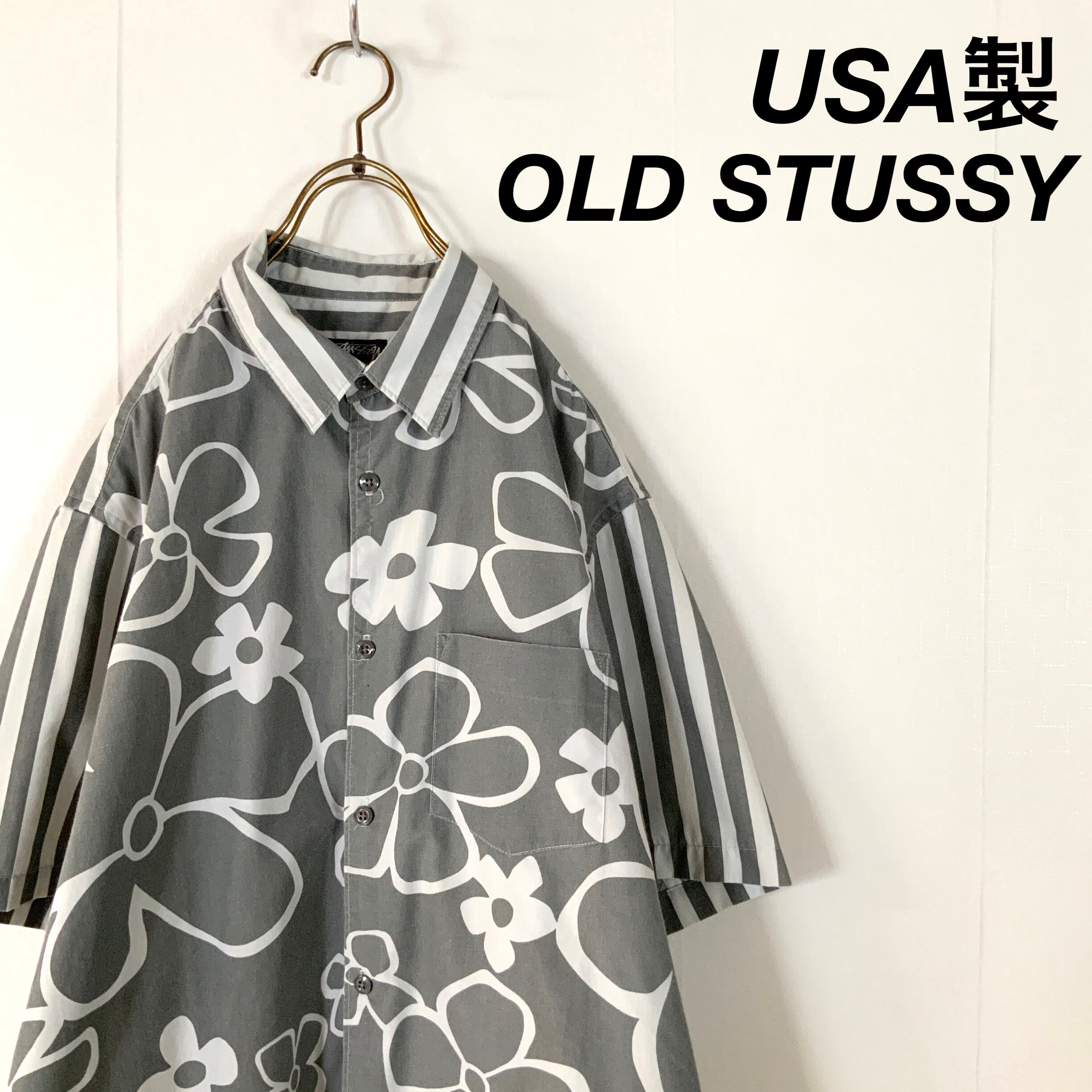 美品】00's USA製 STUSSY ステューシー 花柄 ストライプシャツ メンズ