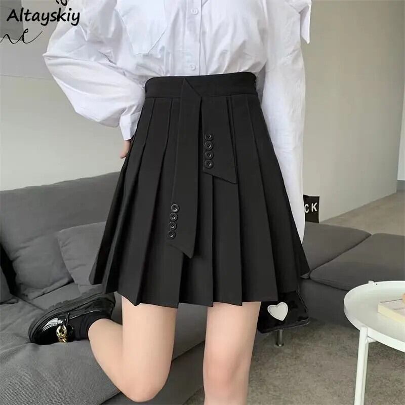 【新作】【送料無料】 プリーツミニスカートの女性 L-5XL プレッピースタイルハイウエスト春韓国ボタン素敵なオールマッチソリッドトレンディストリートシック 0311176035175